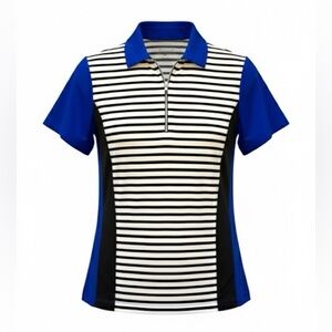 Chicos Women’s Zenergy Blue & Black Striped Sports Golf Polo Top Size Xlarge